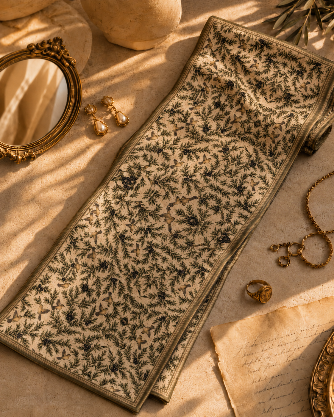 Harvest Day — olive branch pattern detail