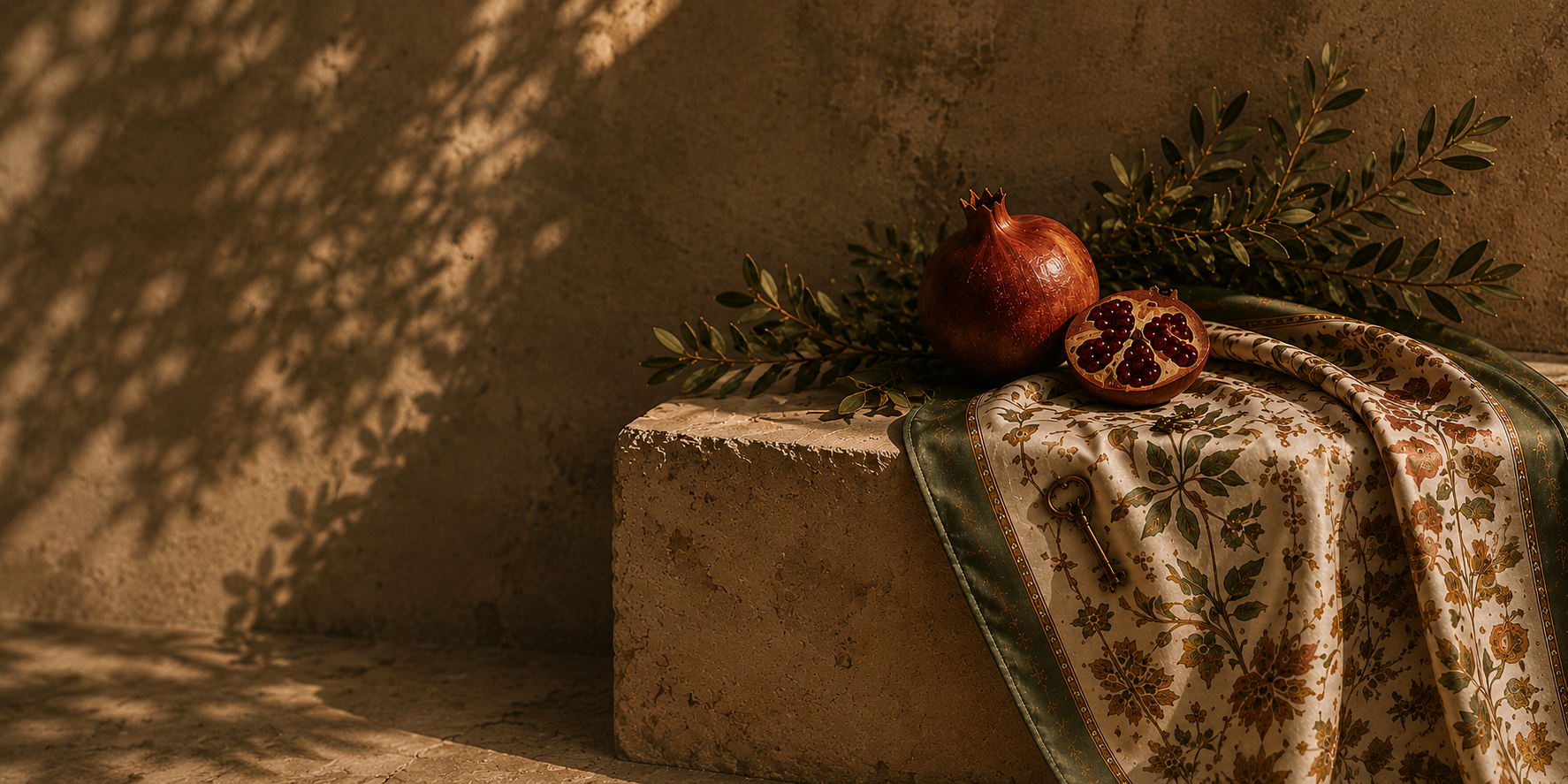 WardaSilk — Palestinian scarf, pomegranate and olive branch still life
